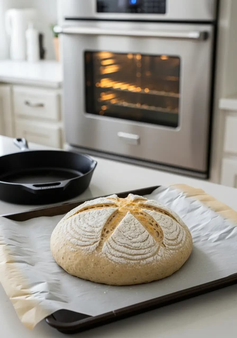 Scored sourdough Irish soda bread loaf on baking sheet ready to go into hot oven
