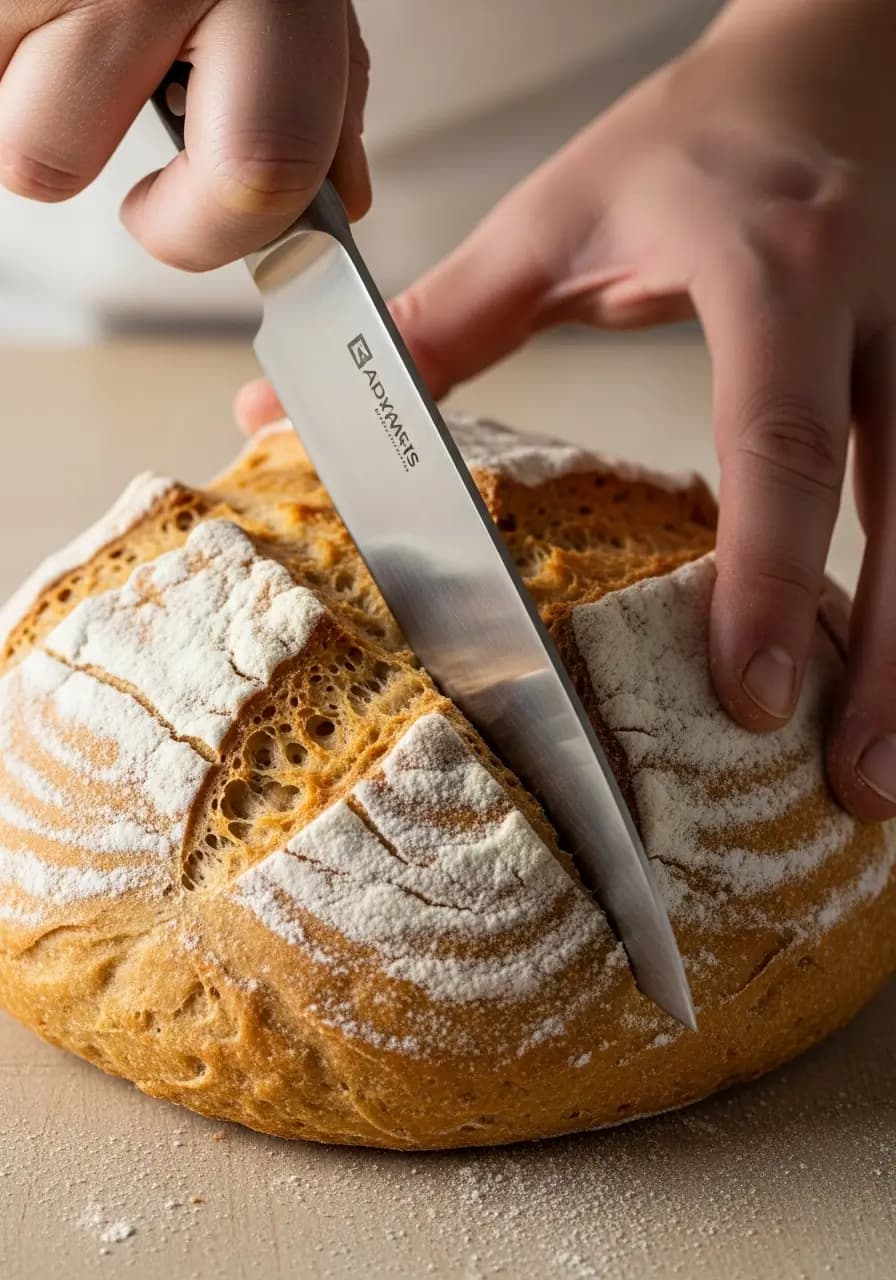 Cutting deep cross into top of Irish soda bread loaf with sharp knife before baking