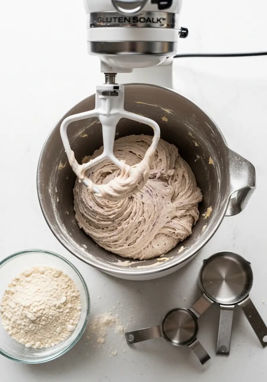 Mixing thick gluten free sourdough pizza dough showing proper batter-like consistency
