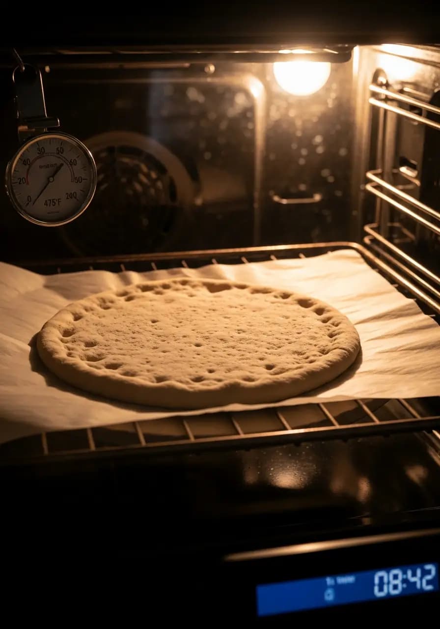 Gluten free pizza crust par-baking in hot oven showing setting and beginning to brown