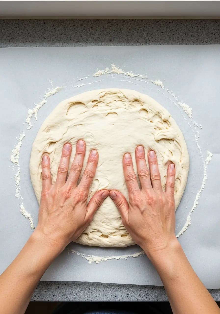 Oiled hands pressing and shaping gluten free pizza dough on parchment into round circle