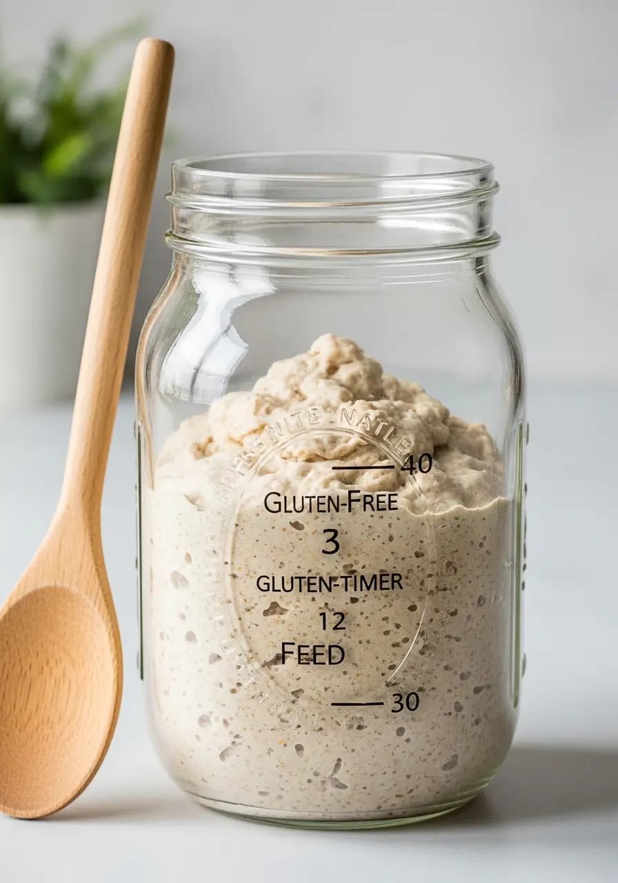 Active gluten free sourdough starter at peak for pizza dough showing bubbles and doubled size