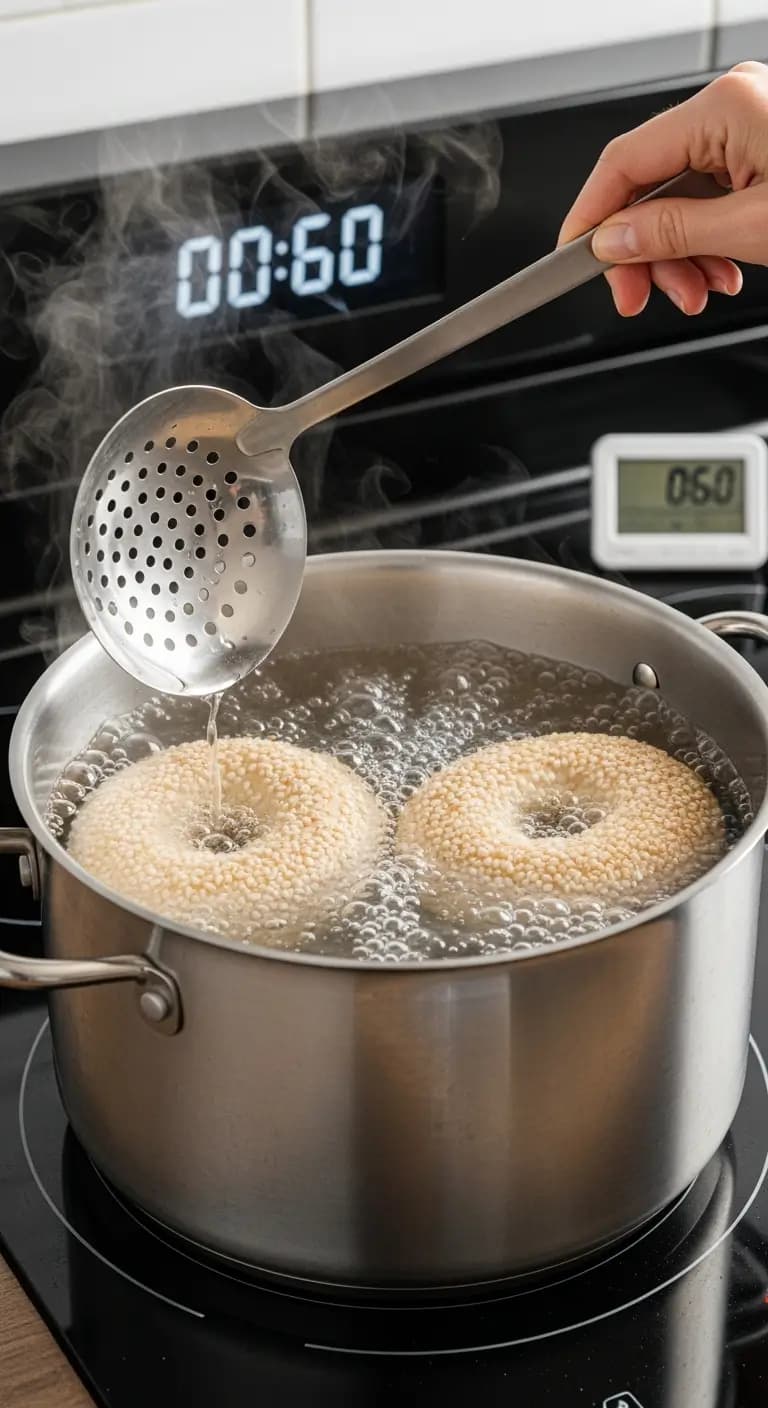 Boiling sourdough bagels in simmering water with baking soda showing bagels floating and cooking