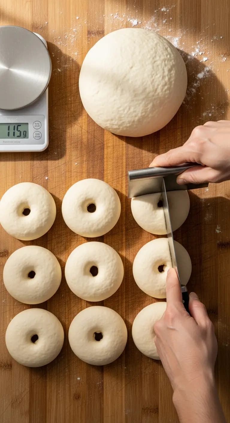 Dividing sourdough bagel dough into 8 equal pieces on wooden board with bench scraper