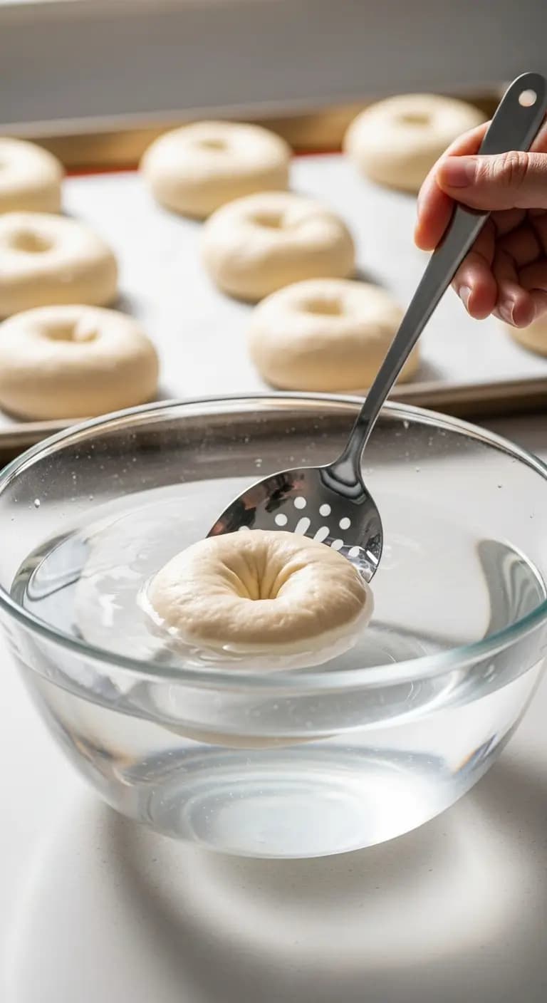 Sourdough bagel floating in water bowl demonstrating proper proofing with float test